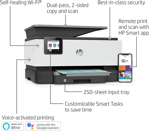 Vista 3 de HP OfficeJet Pro 9015 Impresora inalámbrica todo en uno, con productividad inteligente para la oficina en casa, Instant Ink, funciona con Alexa