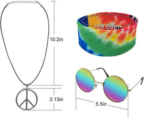 Vista 4 de Disfraz hippie para hombres y mujeres, camiseta colorida de los años 60 y 70, gafas de sol, diadema, collar de la paz, fiesta temática de 4 piezas