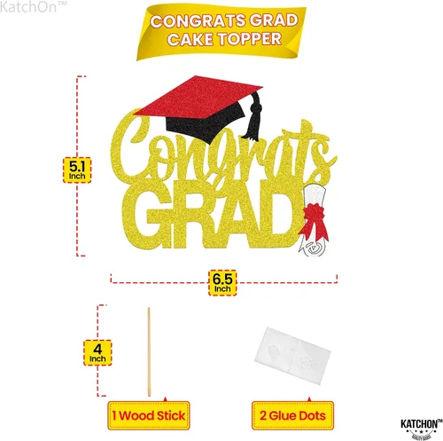 Vista 4 de Katchon, Decoración de pastel de graduación con purpurina, 6.5 pulgadas, decoración de pastel de felicitación dorada para decoraciones de graduación