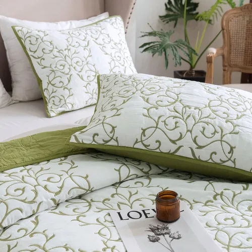 Vista 40 de Mixinni - Juego de colcha reversible de 2 piezas, tamaño individual, color beige, con patrón bordado elegante, juego de edredón y funda de almohada
