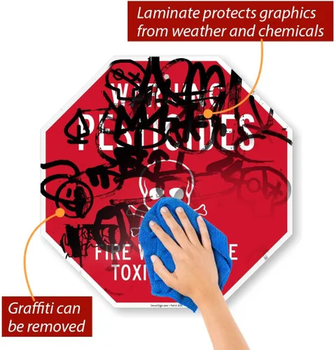 Vista 5 de smartsign señal, Legend "pesticidas de aluminio con gráfico, 18" Tall Octagon, Blanco sobre rojo