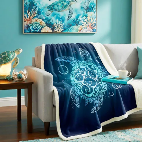 Vista 4 de Sleepwish - Manta de vellón de tortuga para niños, niñas y niños, de felpa suave, color teja y turquesa, sherpa, para sofá o silla, tamaño bebé