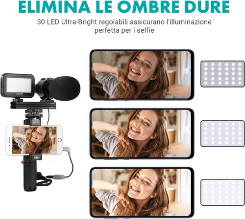 Vista 5 de Movo V7+ - Kit de inicio de YouTube para iPhone con trípode, agarre, micrófono estéreo, luz LED y control remoto, kit de vlog para iPhone 5, 5C, 5S