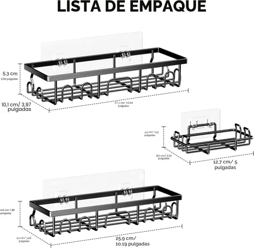 Vista 3 de Organizador de ducha, paquete de 3 estantes de ducha para el interior del baño, organizador de baño adhesivo a prueba de óxido con soporte