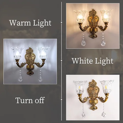 Vista 4 de Wellmet - Aplique de pared dorado con 2 luces, lámpara de pared de cristal retro para tocador de baño Vintage Wall Light Fixtures for Living Room