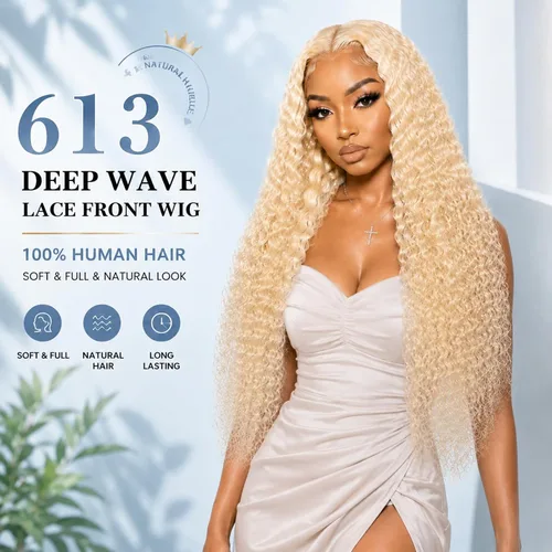Vista 2 de Peluca de cabello humano rubio 613 con ondas profundas, peluca de encaje frontal de 13 x 6 pulgadas, 180 % de densidad, sin pegamento, predepilada