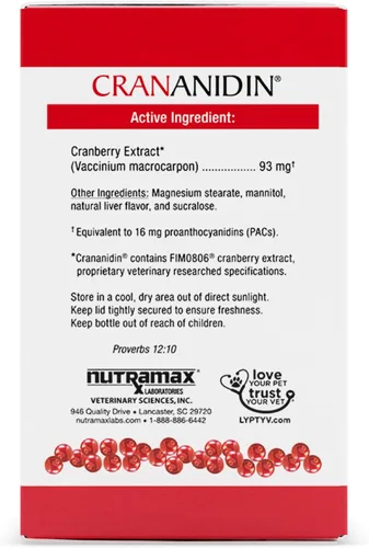 Vista 2 de Nutramax Laboratories Crananidin Extracto de Arándano Suplemento para la Salud del Tracto Urinario para Perros, 75 Tabletas masticables