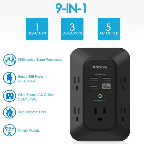 Vista 2 de Cargador de pared USB protector contra sobretensiones - Addtam extensor con 5 tomas de corriente y 4 puertos USB (1 puerto USB C), tira