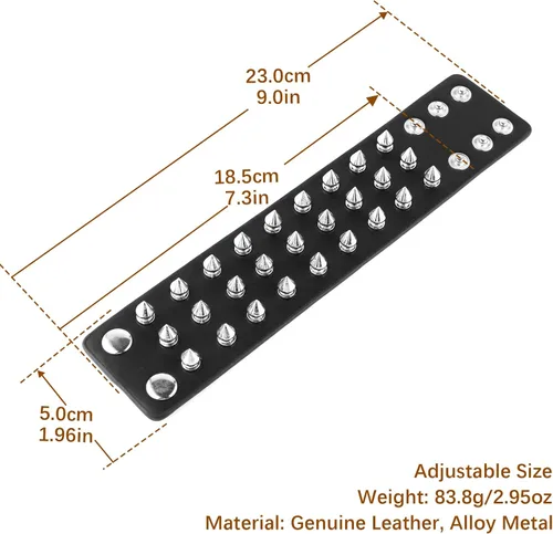 Vista 6 de HZMAN Brazalete unisex negro con pinchos de metal estilo punk/rock, correa ancha de cuero