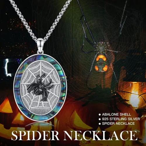 Vista 2 de Collar con colgante de plata de ley 925 de abulón, collar con medallón de zorro, araña, lobo, regalo de joyería para hombres, mujeres y niños