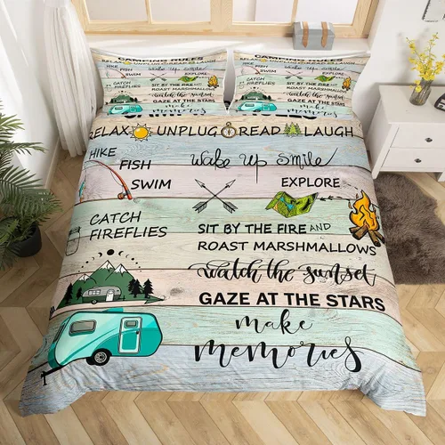 Vista 19 de Erosebridal Juego de funda de edredón de cabaña de cabaña, ropa de cama individual para niños, funda de edredón de campamento feliz, ropa de cama