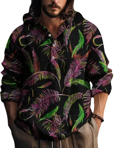 Vista 18 de Sudadera con capucha para hombre, con estampado de plumas, manga larga, 3 botones, a la moda, casual, para otoño, cómoda y suave