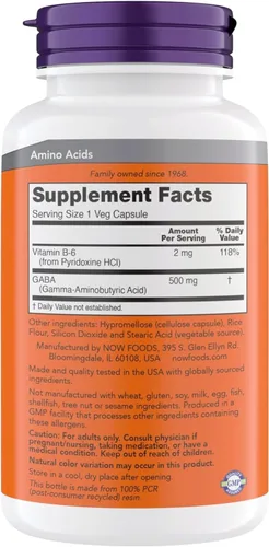 Vista 2 de NOW Foods Suplementos, GABA (ácido gamma-aminobutírico) 500 mg + B-6, neurotransmisor natural*, 300 cápsulas vegetales