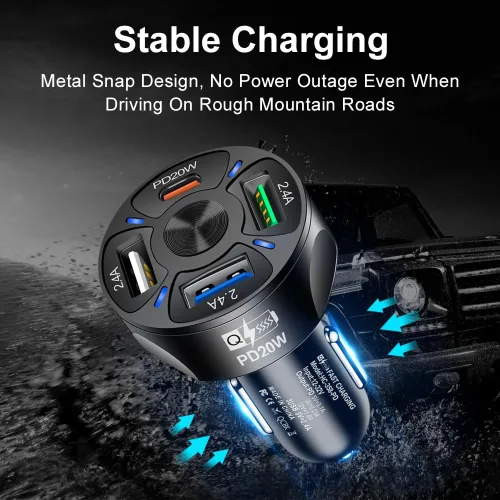 Vista 6 de Cargador de coche de luz de cigarrillo de carga rápida USB de 4 puertos 3 x 2.4 A USB/ 1 PD20W luz LED compatible con tabletas cámaras iPhone 14 13