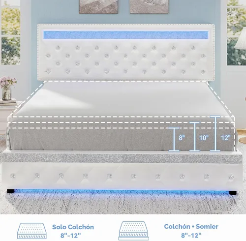 Vista 6 de Torana - Base de cama con luces LED, cabecero ajustable y 2 cajones, color blanco PU