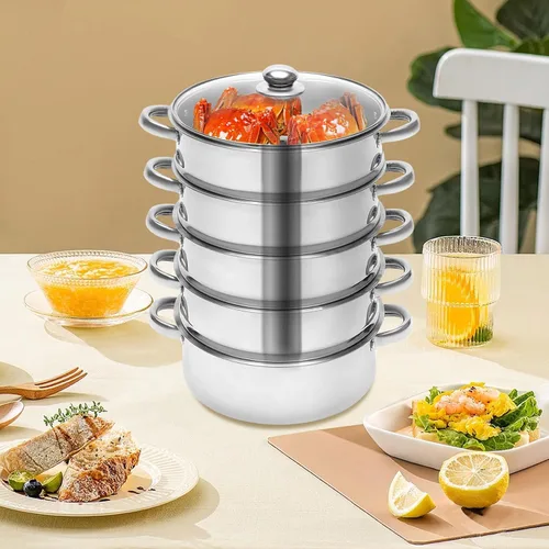 Vista 6 de Olla de vapor para cocinar, olla de vapor de acero inoxidable de 5 niveles de 10.2 in/10 pulgadas, utensilios de cocina de cocción de carne y 26 cm.