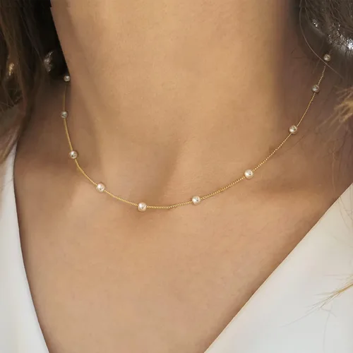 Vista 3 de Collar de perlas de oro para mujer, chapado en oro de 14 quilates, collares de perlas de agua dulce en capas para mujer, collar de perlas de cadena