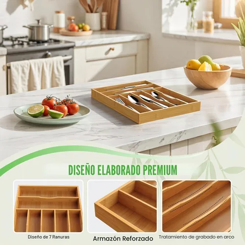 Vista 5 de Organizador de cubiertos, soporte para utensilios de cajón de cocina (bambú, grande)