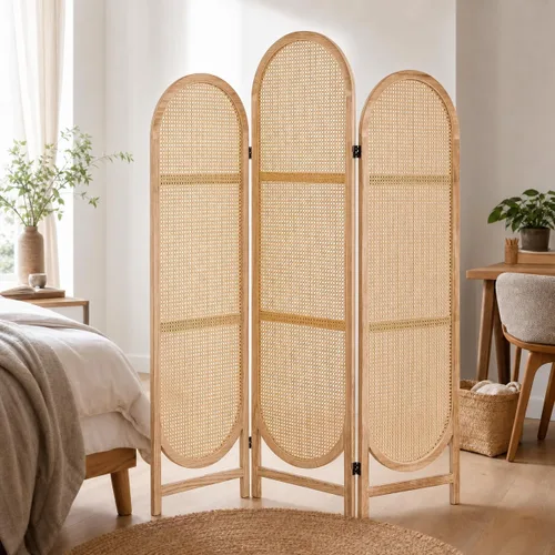 Vista 7 de 3 Panel Rattan Room Divider, Arched Room Divider Screen, Black