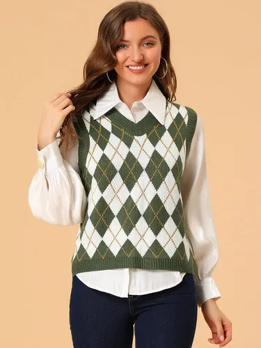 Vista 3 de Allegra K Suéter de punto Argyle a cuadros para mujer, Café