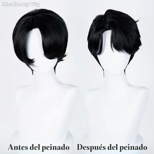 Vista 3 de LABEAUTÉ Peluca corta negra para cosplay, peluca de estilo anime masculino, fibra sintética resistente al calor, para cosplay, pelo sintético