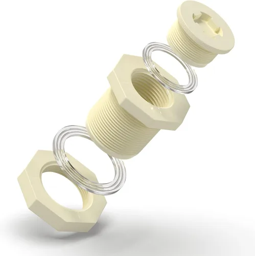 Vista 2 de TAISHER Adaptador de conector de tanque de mamparo de 1 pulgada de ABS blanco con tapones y junta para tanque de agua, barriles de lluvia, acuarios