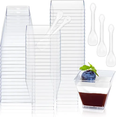 Vista 9 de Oomcu Mini tazas de parfait cuadradas transparentes desechables para yogur, helado, mousse, aperitivos, embutidos, pudín, gelatina, dulces
