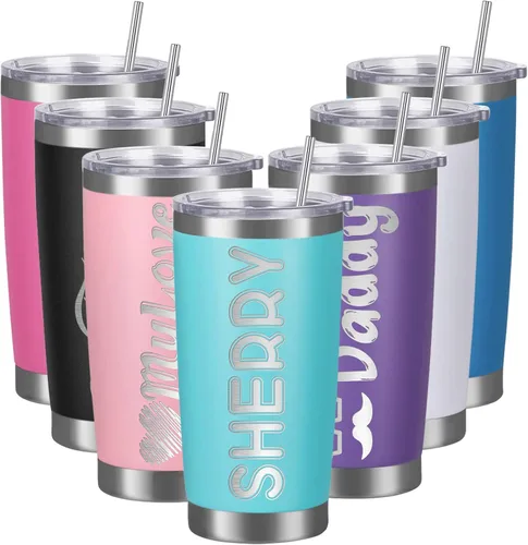 Vista 14 de Vasos personalizados con tapas y pajitas, vasos de acero inoxidable grabados con láser personalizados de 20 onzas con nombre y texto, taza de café