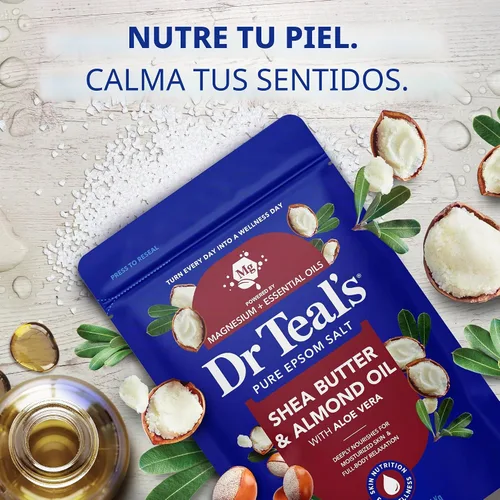 Vista 4 de Dr Teal's - Sal de Epsom con Magnesio para Remojar, Suavizar y Hidratar con Manteca de Karité y Aceite de Almendras, 3 libras