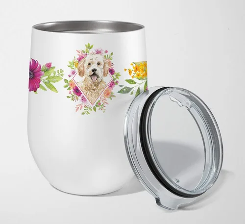 Vista 47 de Caroline's Treasures CK4110TBL12 Afghan Hound Pink Flowers - Vaso de vino aislado de acero inoxidable de 12 onzas con tapa, bonita taza de viaje