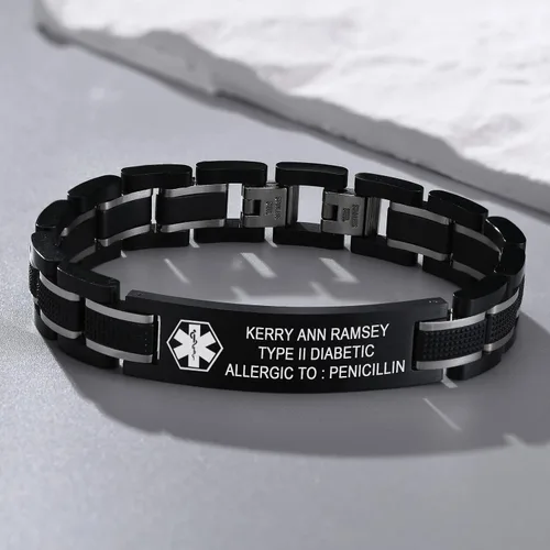 Vista 3 de MEALGUET Pulsera de identificación médica con grabado personalizado gratuito de 2 tonos, azul y negro, acero de titanio, pulsera de alerta médica