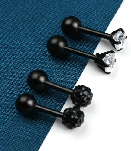 Vista 4 de Juego de 10 aretes de 0.56 oz, aretes de bola con cierre de tornillo, aretes de tuerca para cartílago de hélix, barra con incrustaciones de Negro