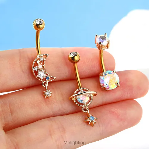 Vista 2 de Melighting Piercing de ombligo de acero inoxidable 316L azul de 14G para mujer, circonita cúbica transparente, planeta, ombligo, luna, ombligo
