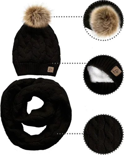 Vista 5 de Gorro de invierno para niños pequeños, con pompones, bufanda infinita, forro polar cálido para bebés y niñas