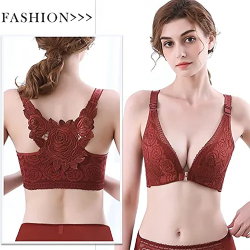 Vista 4 de Floral Secrets Comfort Rose Bra - Brasier con cierre frontal de encaje cómodo, sin alambre, brasier sin varillas y sin costuras