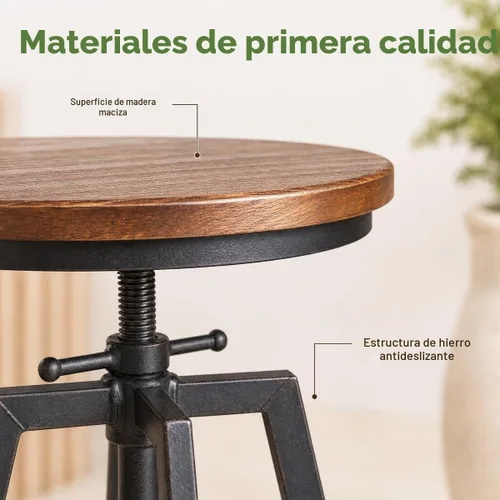 Vista 4 de Taburetes de bar industriales, silla de comedor de cocina, taburete de metal de madera, silla giratoria de altura ajustable, negro, juego de 2 Tapa