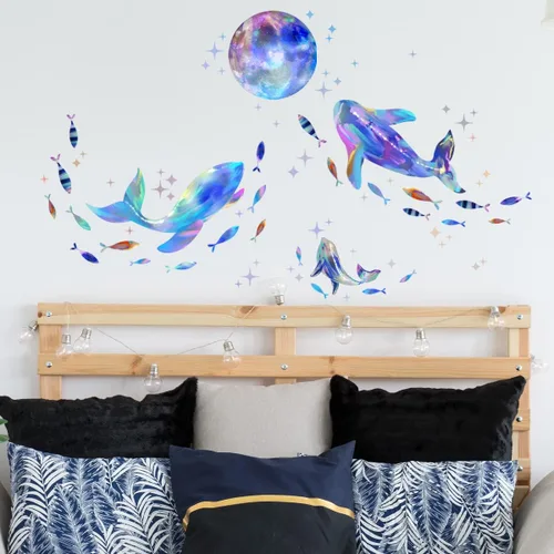 Vista 3 de Calcomanías de pared que brillan en la oscuridad del océano deslumbrante ballena, pez estrella, decoración de la habitación del bebé, decoración