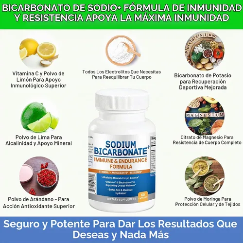 Vista 7 de Fórmula de bicarbonato de sodio + inmune y resistencia con bicarbonato de sodio sin aluminio, potasio, magnesio, VIT C y superalimentos. Cápsulas