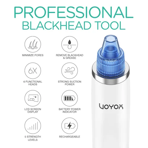 Vista 2 de VOYOR Aspiradora de poros para eliminar puntos negros, removedor de cabeza negra para cara con pantalla LCD, 5 niveles de succión y 6 cabezales
