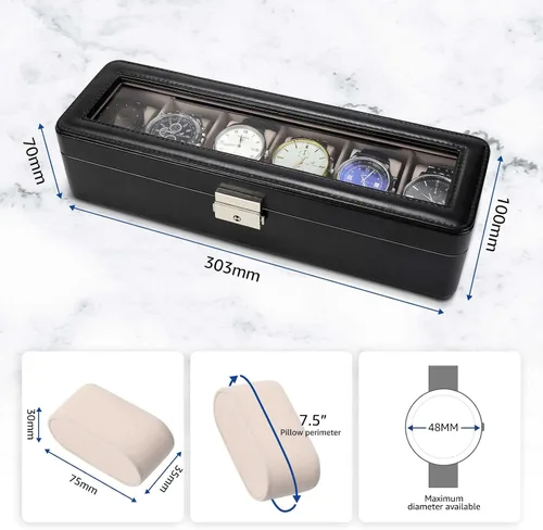 Vista 4 de BareTulip Organizador de caja de reloj para hombres y mujeres Caja de reloj con 6 ranuras Caja de reloj de cuero Pu-Display con ventana de vidrio