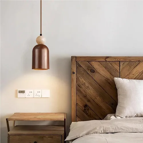 Vista 2 de Nordic Retro Bedside Pendant Light Modern Solid Wood Shade Hanging Lamp with Travertine Accents 78.8IN Adjustable Cord Chandelier for Dining Room