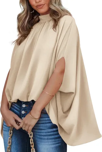 Vista 118 de BTFBM Blusas de verano para mujer, cuello alto falso, manga murciélago, holgadas, dobladillo alto y bajo, blusas informales de gran