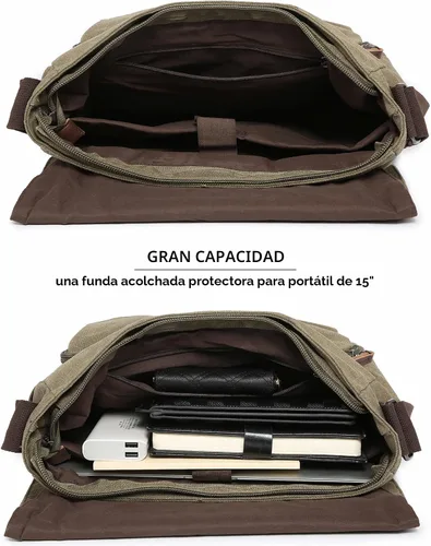 Vista 5 de Bolso de hombro grande vintage de lona para mensajero, bolso cruzado para viajes, cartera, maletín, bolsa de negocios para portátil de 15 pulgadas