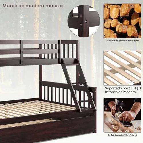 Vista 6 de KOMFOTT Litera de Madera Twin Over Full con Cama Nido, Marco de Cama con Marco de Madera de Pino Maciza, Litera que Ahorra Espacio con Escalera