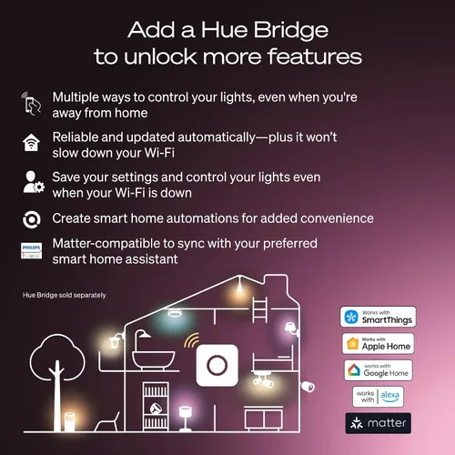 Vista 5 de Philips Hue - Bombilla LED inteligente A19, luz blanca cálida 2700K, base E26, 10.5W, 1100 lúmenes, regulable, funciona con Alexa, Asistente