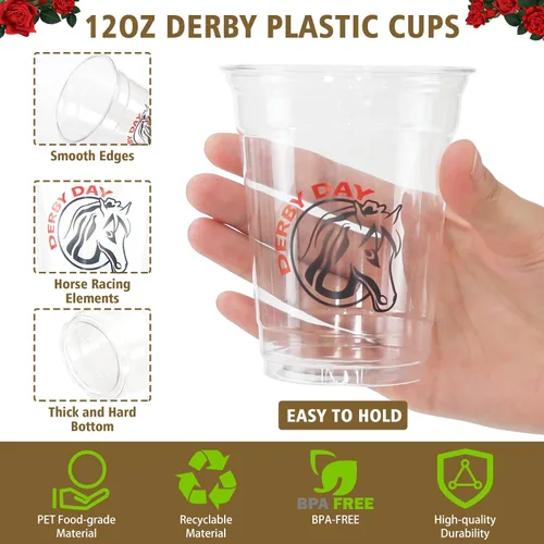 Vista 3 de MUOUAKATE Copas Derby desechables de plástico a granel, paquete de 100 vasos de 12 onzas Derby Clear Julep con pajitas de plástico y tarjetas