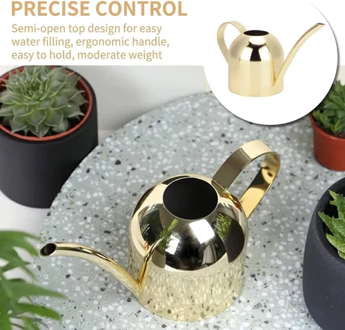Vista 4 de Regadera para plantas de interior, regadera pequeña de 17 onzas de acero inoxidable con boquilla larga para plantas de interior y exterior (dorado)
