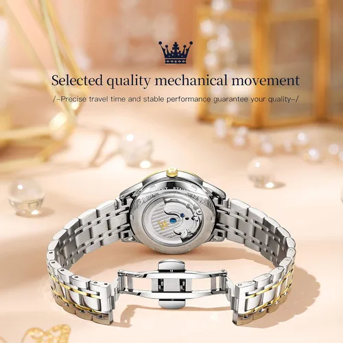 Vista 5 de OLEVS Reloj de mujer con esqueleto hueco y fase lunar de acero inoxidable, impermeable, dos tonos
