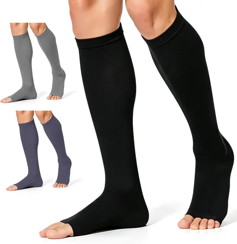 Vista 10 de CHARMKING 3 pares de calcetines de compresión de punta abierta para mujeres y hombres, circulación de 15-20 mmHg es el mejor apoyo para uso durante