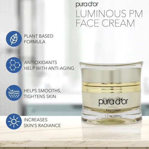 Vista 4 de PURA D'OR Crema facial luminosa PM de 1.7 onzas, azul de metileno, colágeno marino, retinol, péptidos, extracto de células madre de manzana